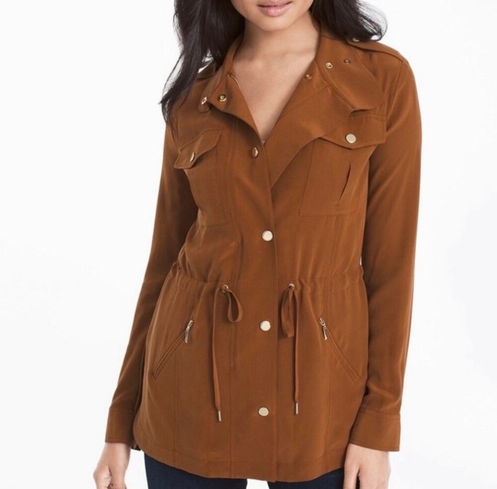 WHBM Silk Utility Anorak Jacket XS Lightweight Camel Tan Cinch Waist